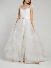 White Illusion Neckline Ruffle Bridal Gown