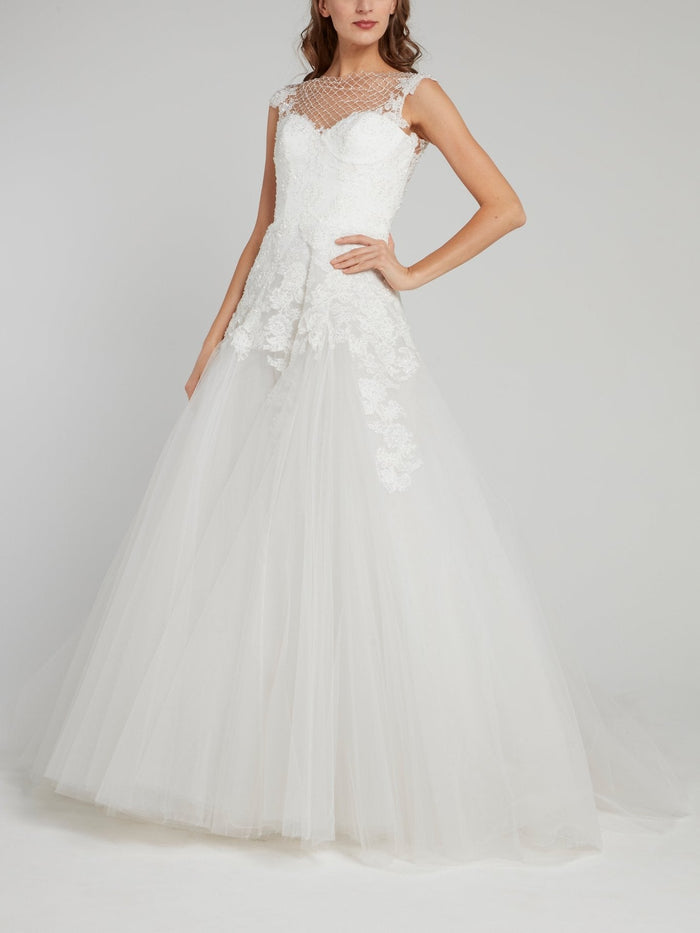 White Net Mesh Panel Tulle Bridal Gown