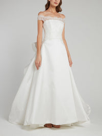 White Off-The-Shoulder Ruffle Back Bridal Gown