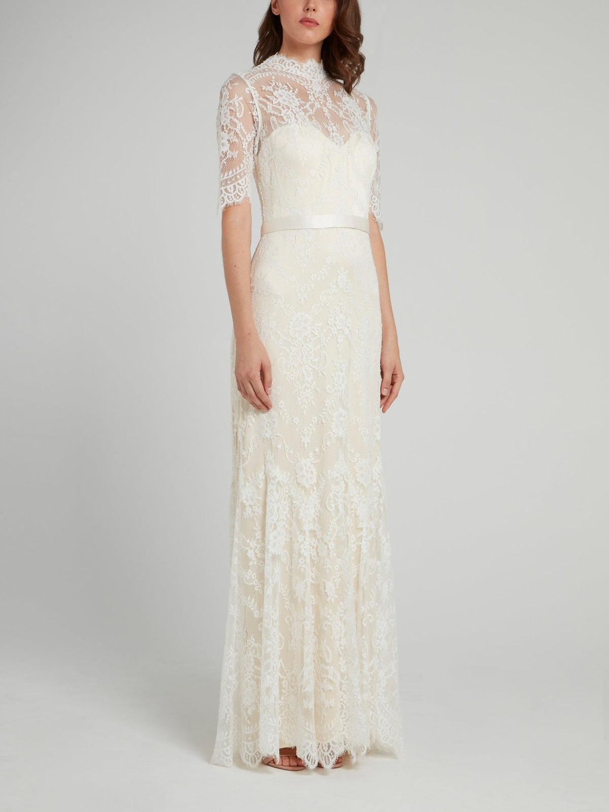 White Back Button Half Sleeve Lace Bridal Dress