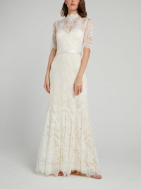 White Back Button Half Sleeve Lace Bridal Dress