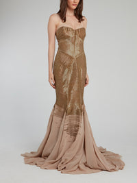 Brown Beaded Strapless Mermaid Gown