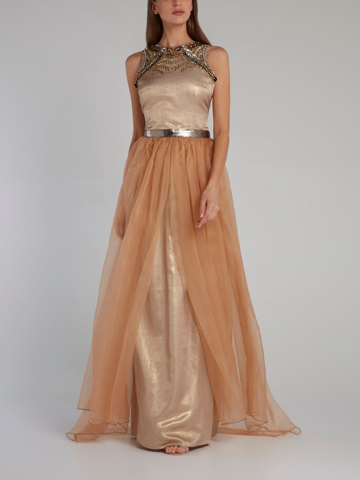 Gold Embellished Organza Overlay Dress