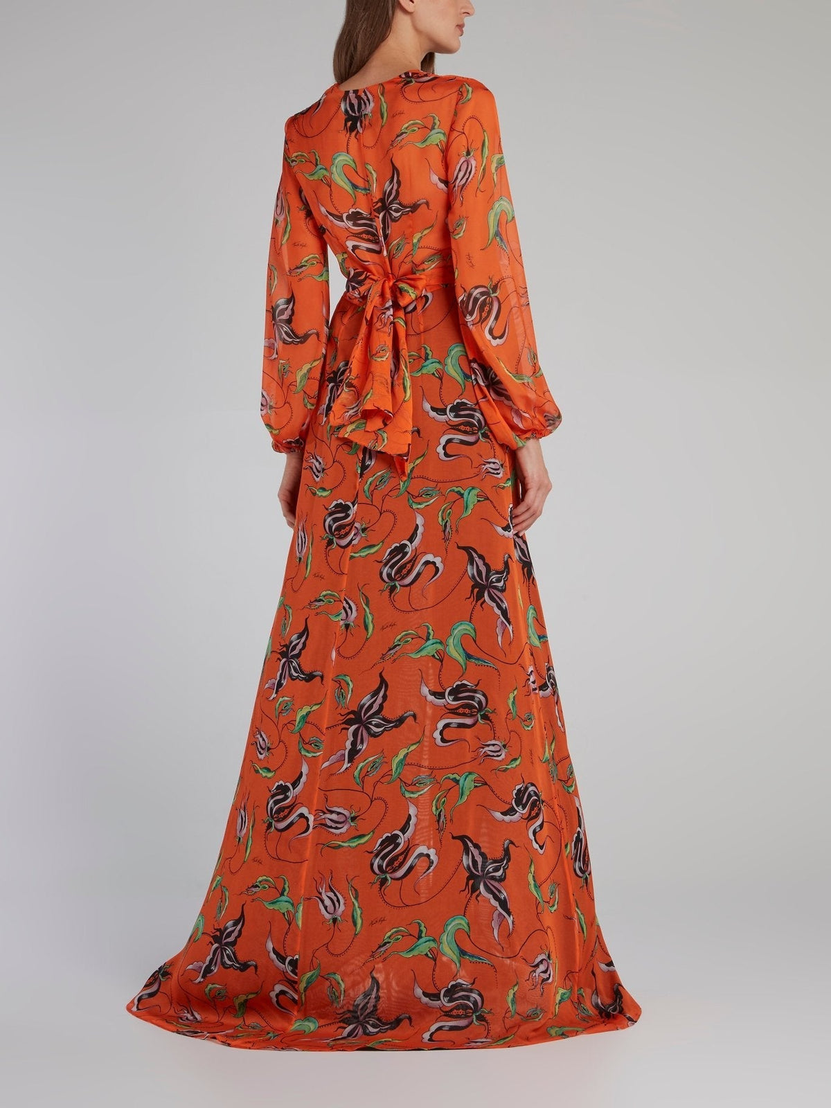 Orange Printed Rear Tie Gown