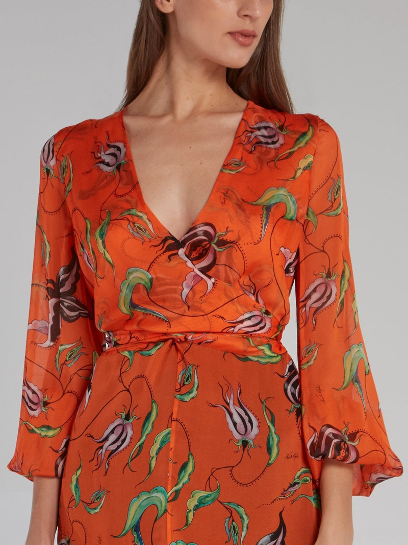 Orange Printed Rear Tie Gown