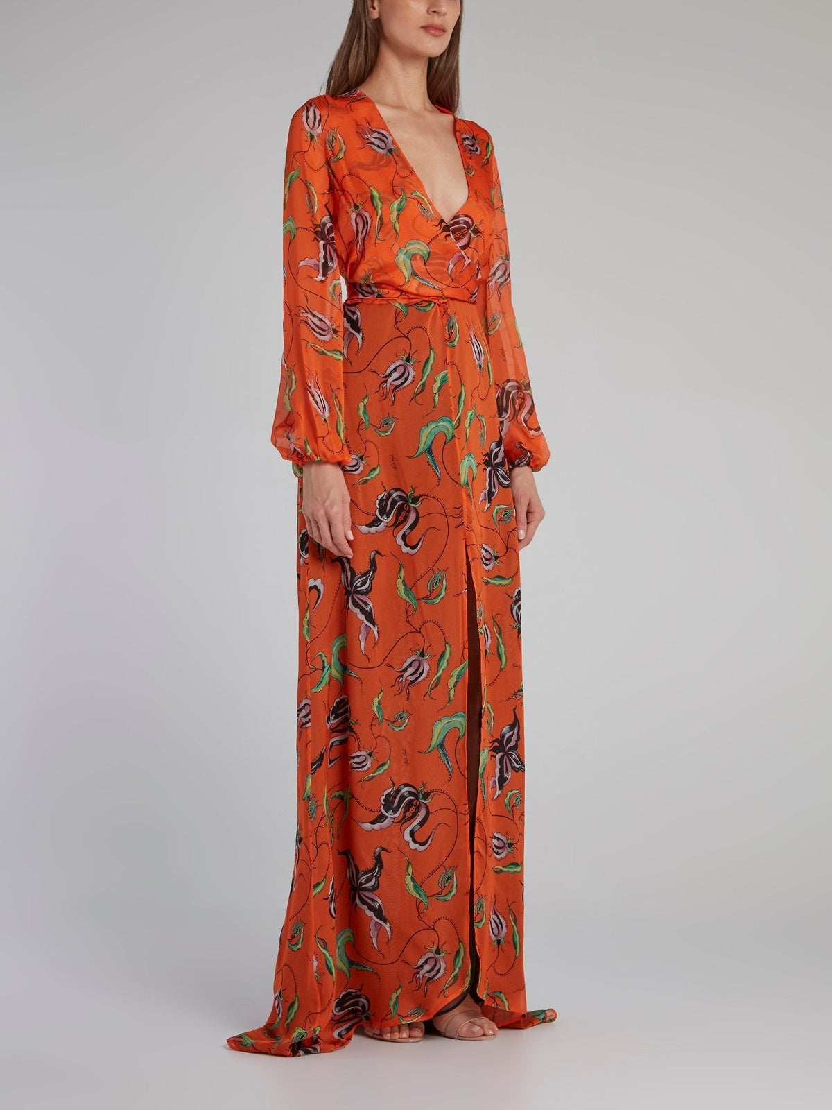 Orange Printed Rear Tie Gown