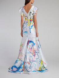 Watercolour Drop Neckline Ruffle Gown