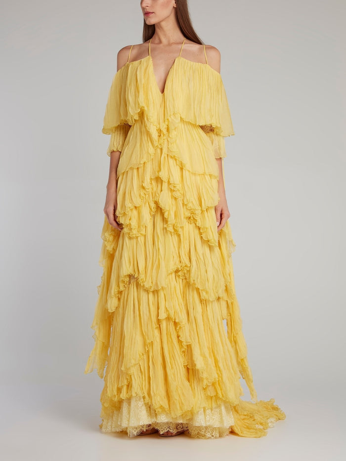 Yellow Tiered Pleated Evening Dress