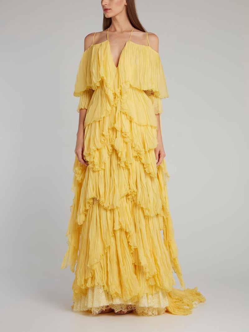 Yellow Tiered Pleated Evening Dress