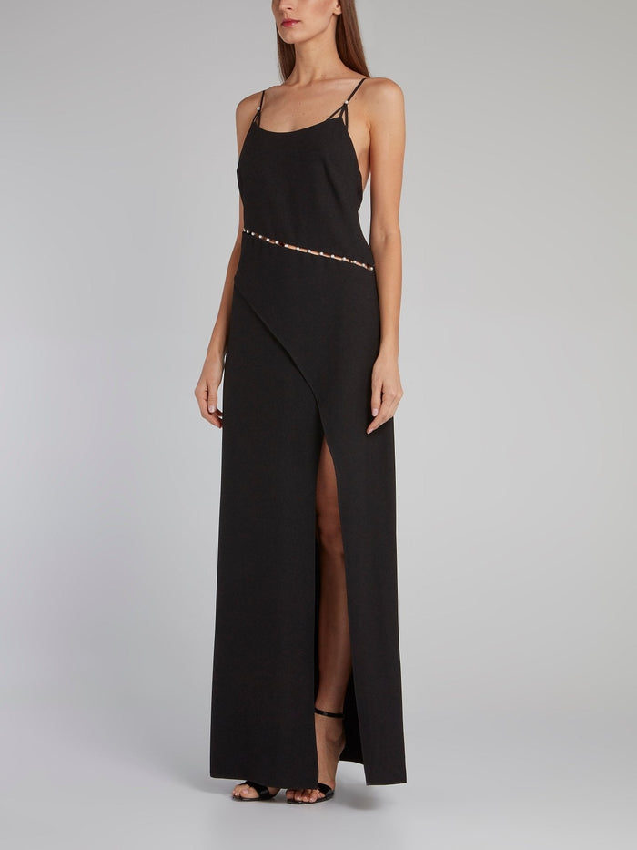 Black Pearl Embellished Slit Dress