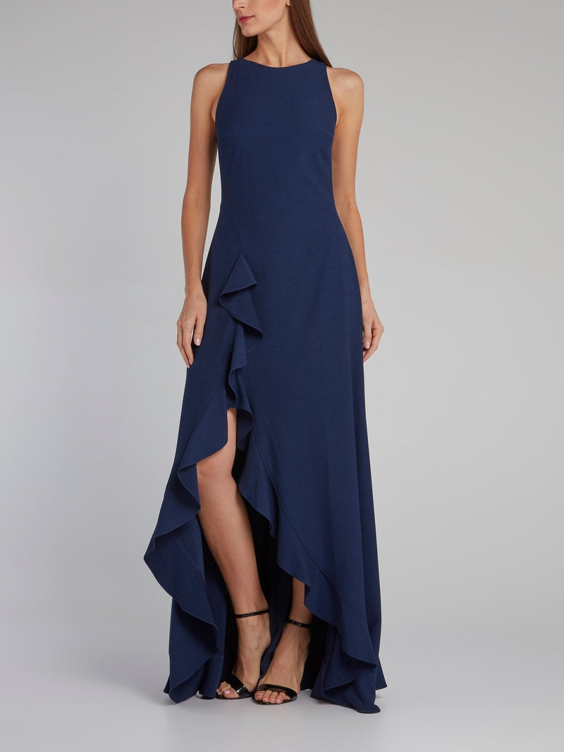 Navy Ruffle Hem Slit Evening Dress