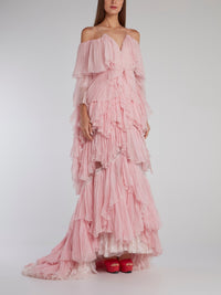 Pink Tiered Pleated Evening Dress