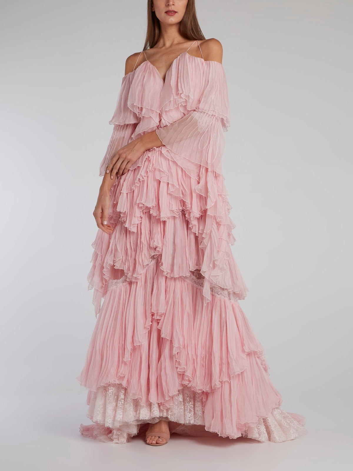 Pink Tiered Pleated Evening Dress