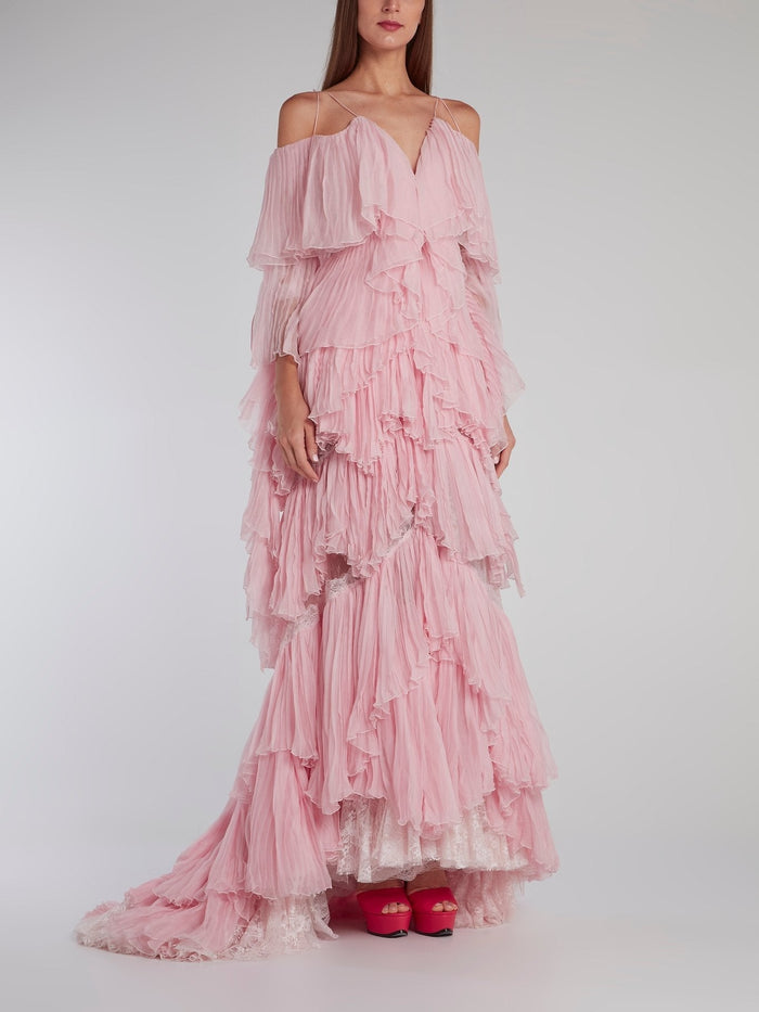 Pink Tiered Pleated Evening Dress