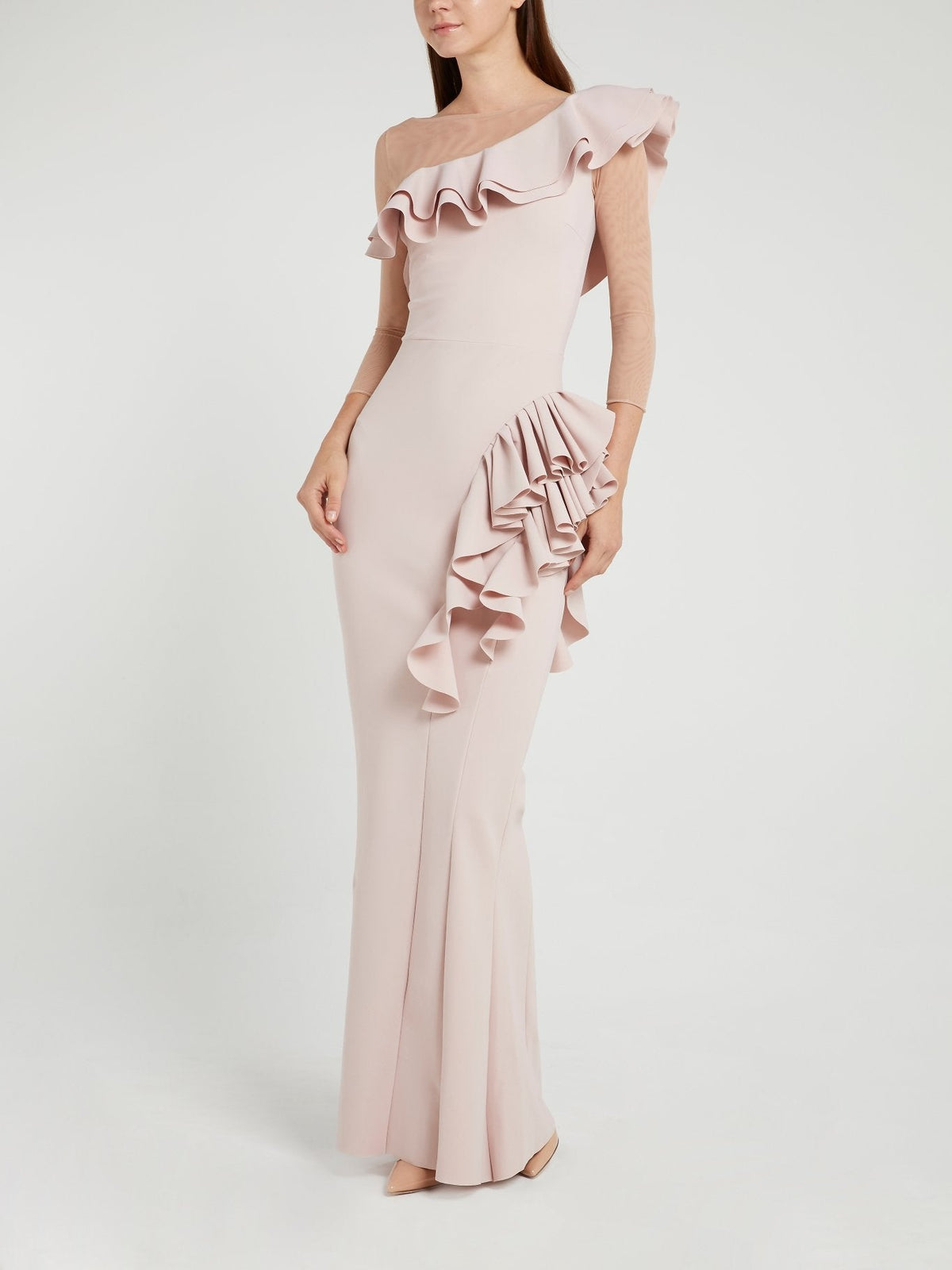 Maria Chiara Illusion Beige Ruffle Maxi Dress