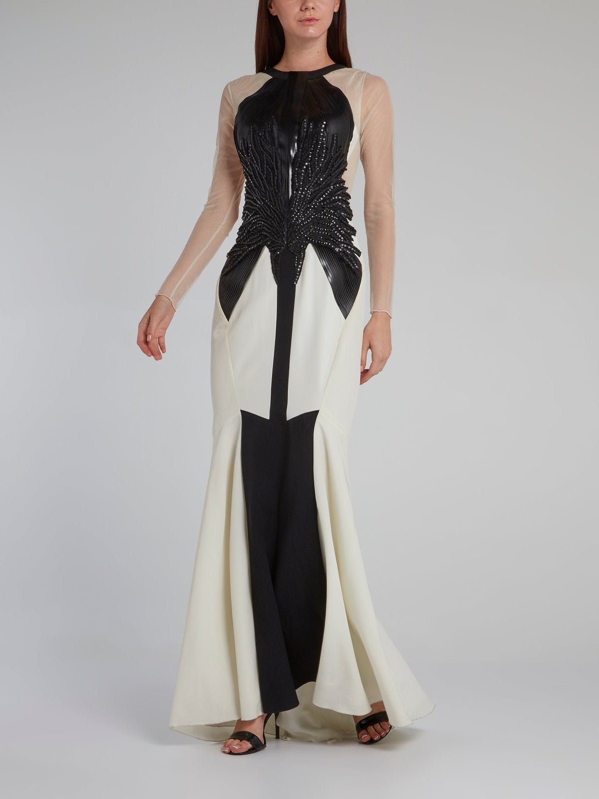 White Contrast Mesh Bodice Gown