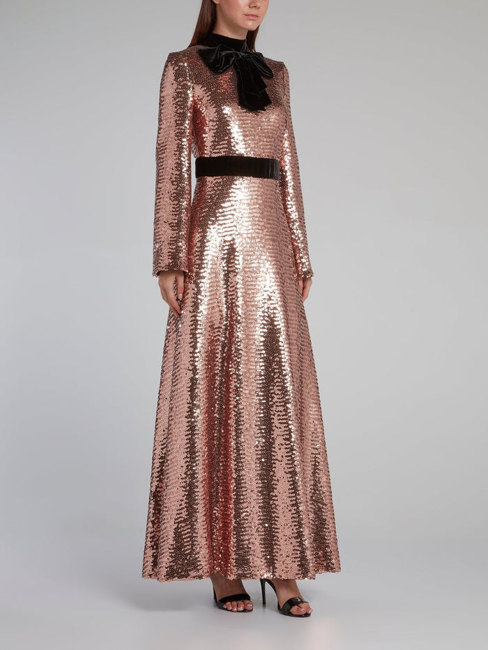 Metallic Bow Tie Sequin Maxi Dress