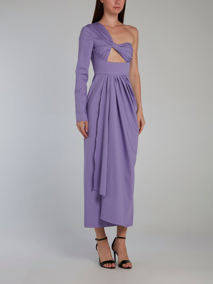 Purple One Shoulder Draped Midi Dress