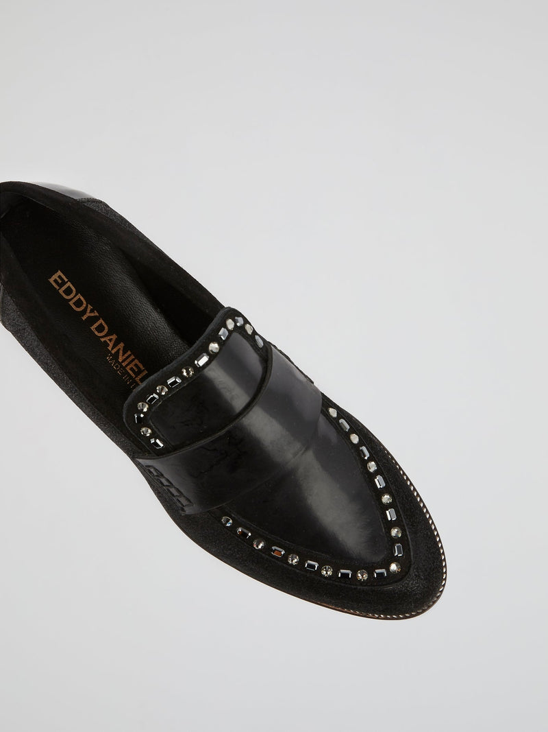 Black Crystal Leather Loafers